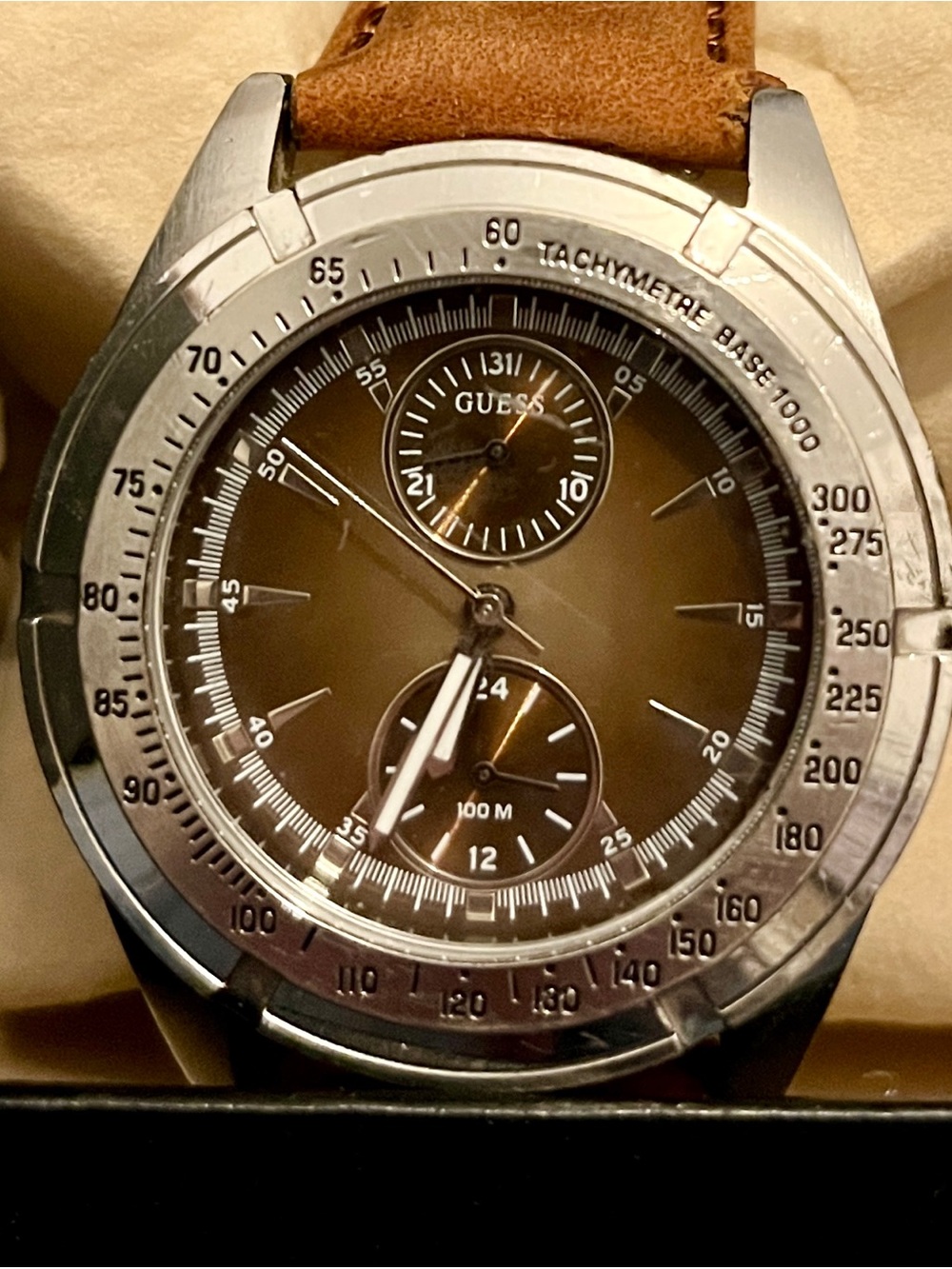 GUESS Silver Thick Bezel with Brown Dial and Tan Leather Strap | Excellent! - Picture 3 of 5